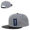 A grey snapback cap with a structured design and a black peak, featuring a logo on the front.