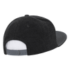A high-profile structured snapback cap in black melton fabric with a grey adjustable strap at the back.
