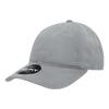 A grey six-panel low profile relaxed dad hat with a curved visor and a logo on the front.