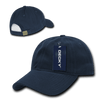 A navy blue 6 panel low profile relaxed dad hat with a logo and a tag attached. It features a curved brim and adjustable back.