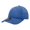 A blue 6 panel low profile relaxed dad hat with a curved brim and a branded tag on the front.