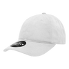 A white 6-panel low profile relaxed dad hat with a curved brim and a logo on the front.