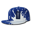 A blue and white splattered snapback cap with a logo tag. The cap has a high profile and structured design.