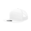 A white high-profile structured trucker cap featuring mesh panels and a logo on the front.