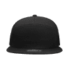 A black 7 panel high profile structured trucker cap with a flat brim and a logo on the front.