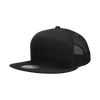 A black 7 Panel High Profile Structured Trucker cap with a mesh back and a logo on the front.