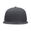 A grey, high-profile structured trucker cap with a flat brim and a logo on the front.