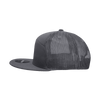 A grey 7 Panel High Profile Structured Trucker cap with a mesh back and a branding logo.