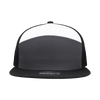 A grey and black high-profile structured trucker cap with a white front panel and a logo on the brim.