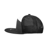 A black and white 7 panel high profile structured trucker cap with a mesh back and a logo.