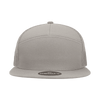 A grey high-profile structured trucker cap featuring a logo on the front panel.