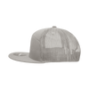 A grey 7-panel high profile structured trucker cap with a mesh back and branded logo.