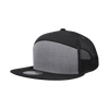 A grey and black 7-panel high profile structured trucker cap with mesh sides and a flat brim.