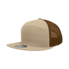 A beige high profile structured trucker cap with a brown mesh back and a curved brim.