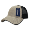 A jute trucker cap featuring a low profile design with a beige front and black mesh back, complete with a logo tag.