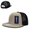 A high-profile structured jute trucker cap in beige and black, featuring a logo and mesh back.