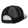 A black and natural jute trucker cap with a high-profile structure and mesh back, featuring an adjustable strap.