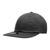 A flat bill cap in dark grey with a rounded crown and a flat brim. It features a logo on the side.