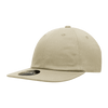 A relaxed flat bill cap in a light beige colour with a rounded top and a stiff brim, featuring a logo.