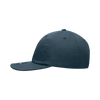 A relaxed flat bill cap in a dark navy colour, featuring a logo on the side and six ventilation holes.