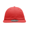 A relaxed flat bill cap in red with a branded logo on the front.