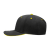 A black cap with a structured mid-profile and a yellow sandwich bill, featuring a logo.