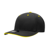 A black cap with a structured mid-profile and yellow accents on the bill and eyelets, featuring a logo.