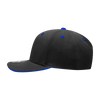 A black cap with a structured design, featuring a sandwich bill and blue accents. It has a logo on the front.