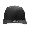 A black 6-panel mid-profile structured cap with a grey sandwich bill and a logo on the front.