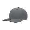 A grey 6 panel mid-profile structured cap with a sandwich bill and a logo on the side.