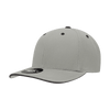 A grey structured cap featuring a sandwich bill, with a black underside and a logo on the front.