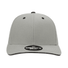 A grey 6-panel mid profile structured cap with a contrasting black sandwich bill and a logo on the front.
