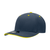 A grey cap with a structured mid profile and a yellow sandwich bill, featuring a logo on the front.