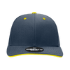 A structured six-panel cap in navy blue with a yellow sandwich bill and logo on the front.