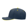 A structured mid-profile cap in navy with a yellow sandwich bill and matching stitching. Features a logo on the front.