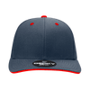 A grey cap with a structured six-panel design and a red sandwich bill. It features a logo on the front.