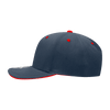 A grey 6-panel cap with a structured design and red accents on the stitching and bill. It features a logo.