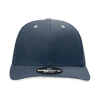 A structured six-panel cap in navy with a grey sandwich bill, featuring a logo on the front.