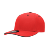 A red mid-profile structured cap with a sandwich bill and black accents, featuring a logo on the front.