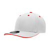 A grey cap with a structured six-panel design and red accents on the bill and eyelets. It has a logo on the side.