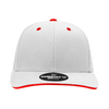 A grey cap with a structured six-panel design and contrasting red accents on the brim and eyelets. It features a logo.