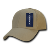 A low crown air mesh baseball cap in tan with a mesh back and a tag featuring a logo.