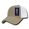 A low crown air mesh baseball cap in tan and white, featuring a tag and a fitted design.