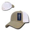 A low crown baseball cap featuring a khaki front and white mesh panels, with a logo tag attached.