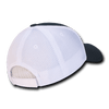 A low crown baseball cap featuring a black brim and white air mesh back, including an adjustable strap.