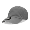 A grey six-panel low profile relaxed dad hat with a circular logo tag on the brim.