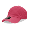A pink 6 panel low profile relaxed dad hat with a branding label on the side.