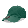 A green 6 panel low profile relaxed dad hat with a curved brim and a logo on the side.