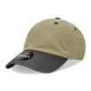 A relaxed low profile dad hat featuring a khaki crown and a black peak, with a logo on the front.