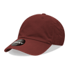 A relaxed burgundy dad hat featuring a curved brim and an adjustable strap, with a logo on the front.